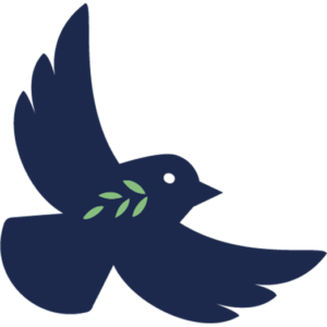 A dove flying whilst an olive branch is held in it's beak.